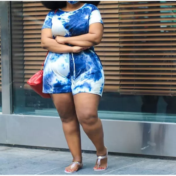 IyMoo Womens Plus Size Summer Solid Jumpsuit Casual Loose Short Sleeve Jumpsuit Rompers with Pockets Elastic Waist PlaysuitTie Dye Dark Blue