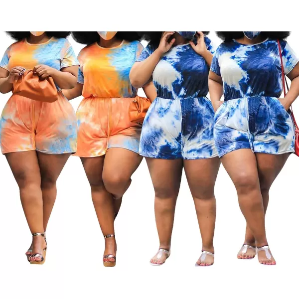 IyMoo Womens Plus Size Summer Solid Jumpsuit Casual Loose Short Sleeve Jumpsuit Rompers with Pockets Elastic Waist PlaysuitTie Dye Dark Blue