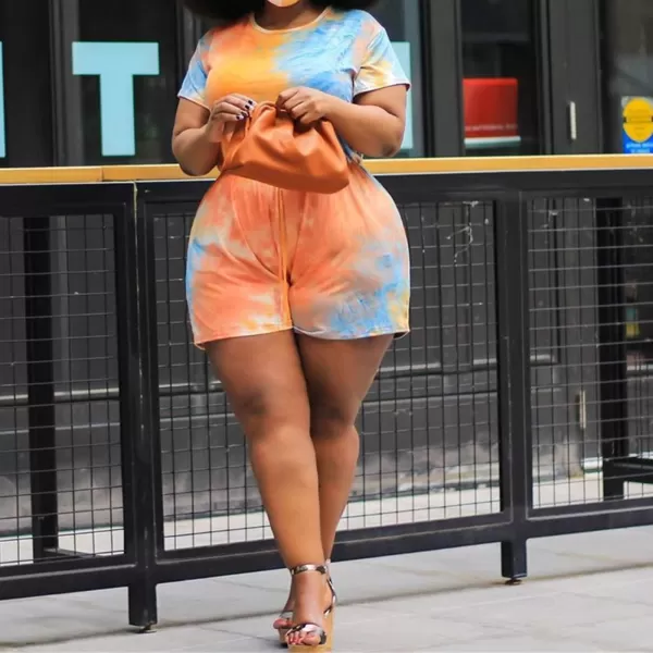 IyMoo Womens Plus Size Summer Solid Jumpsuit Casual Loose Short Sleeve Jumpsuit Rompers with Pockets Elastic Waist PlaysuitTie Dye Orange