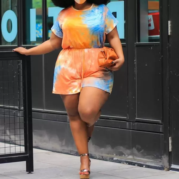 IyMoo Womens Plus Size Summer Solid Jumpsuit Casual Loose Short Sleeve Jumpsuit Rompers with Pockets Elastic Waist PlaysuitTie Dye Orange
