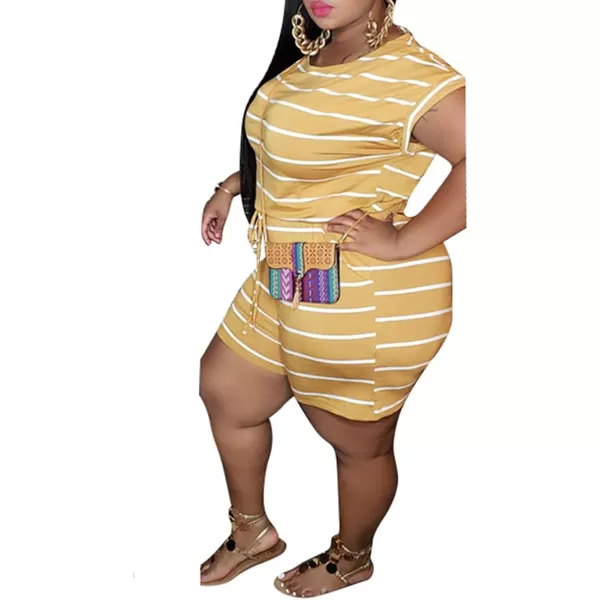 IyMoo Womens Plus Size Summer Solid Jumpsuit Casual Loose Short Sleeve Jumpsuit Rompers with Pockets Elastic Waist PlaysuitYellow Striped
