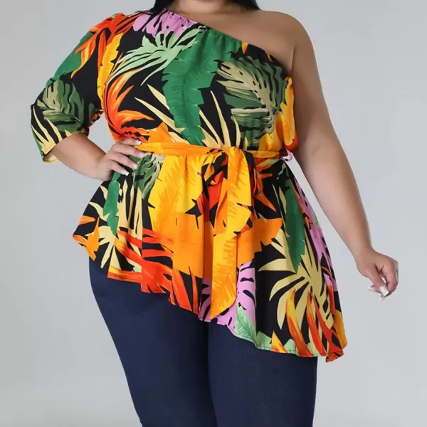 IyMoo Womens Plus Size Tops Hide Belly Tunic Summer One Shoulder Tshirt Casual Dressy Blouses for LeggingsBlack Yellow