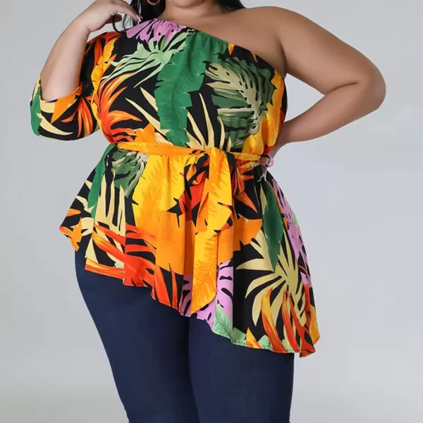 IyMoo Womens Plus Size Tops Hide Belly Tunic Summer One Shoulder Tshirt Casual Dressy Blouses for LeggingsBlack Yellow