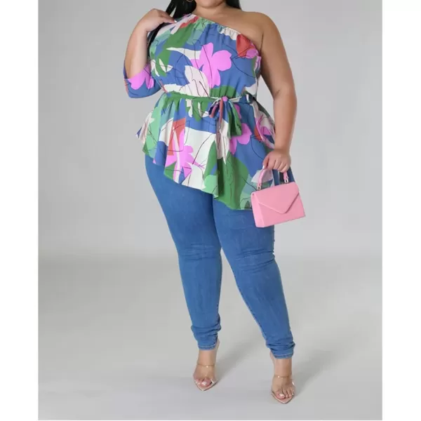 IyMoo Womens Plus Size Tops Hide Belly Tunic Summer One Shoulder Tshirt Casual Dressy Blouses for LeggingsBlue