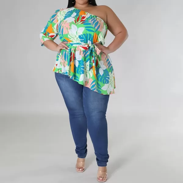 IyMoo Womens Plus Size Tops Hide Belly Tunic Summer One Shoulder Tshirt Casual Dressy Blouses for LeggingsGreen Cyan