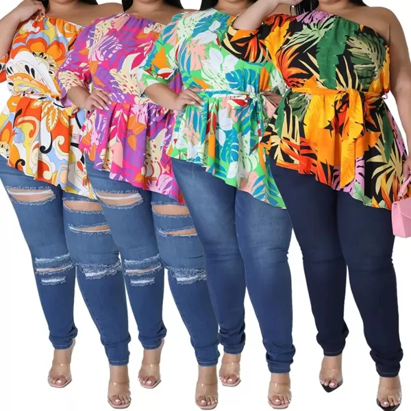 IyMoo Womens Plus Size Tops Hide Belly Tunic Summer One Shoulder Tshirt Casual Dressy Blouses for LeggingsGreen Cyan