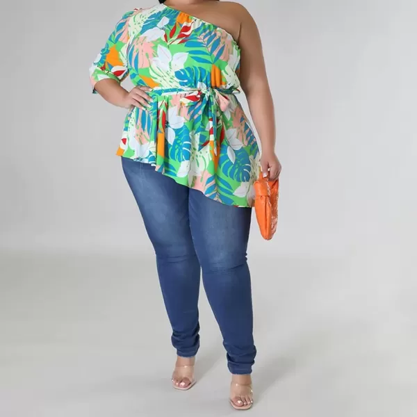 IyMoo Womens Plus Size Tops Hide Belly Tunic Summer One Shoulder Tshirt Casual Dressy Blouses for LeggingsGreen Cyan