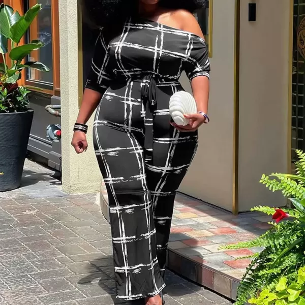 IyMoo Womens Plus Size Wide Leg Slanted One Shoulder Belted Straight Jumpsuits Playsuits051 Black