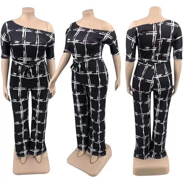IyMoo Womens Plus Size Wide Leg Slanted One Shoulder Belted Straight Jumpsuits Playsuits051 Black