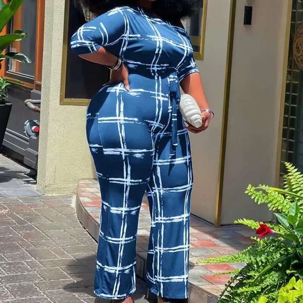IyMoo Womens Plus Size Wide Leg Slanted One Shoulder Belted Straight Jumpsuits Playsuits051 Blue