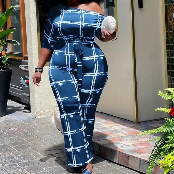 IyMoo Womens Plus Size Wide Leg Slanted One Shoulder Belted Straight Jumpsuits Playsuits051 Blue