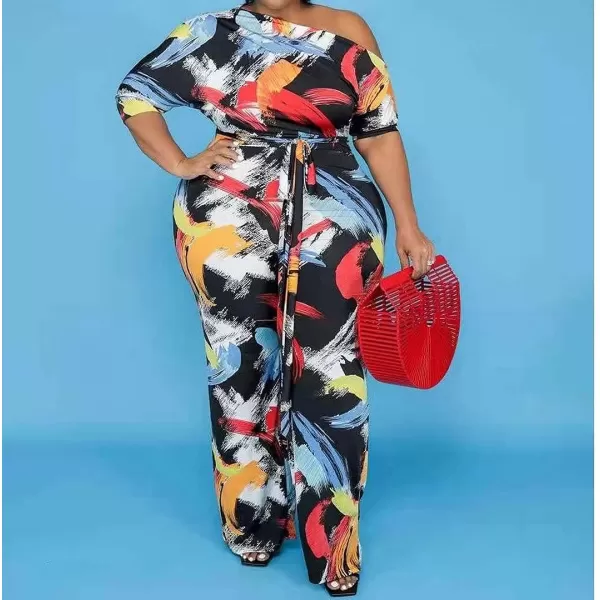IyMoo Womens Plus Size Wide Leg Slanted One Shoulder Belted Straight Jumpsuits Playsuits051 Multicolored