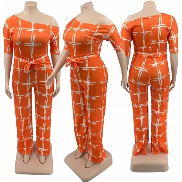 IyMoo Womens Plus Size Wide Leg Slanted One Shoulder Belted Straight Jumpsuits Playsuits051 Orange