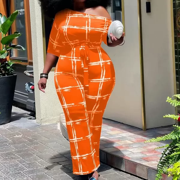 IyMoo Womens Plus Size Wide Leg Slanted One Shoulder Belted Straight Jumpsuits Playsuits051 Orange