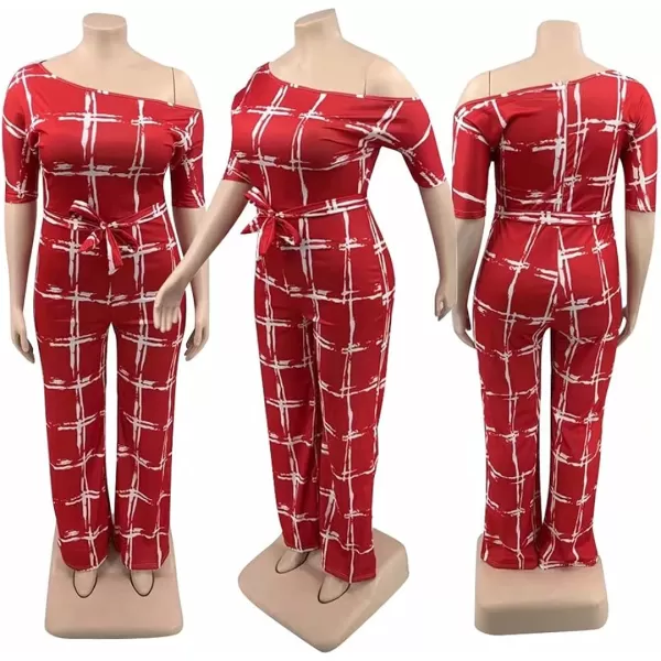 IyMoo Womens Plus Size Wide Leg Slanted One Shoulder Belted Straight Jumpsuits Playsuits051 Red