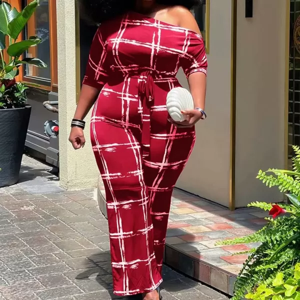 IyMoo Womens Plus Size Wide Leg Slanted One Shoulder Belted Straight Jumpsuits Playsuits051 Red