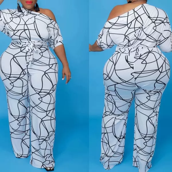 IyMoo Womens Plus Size Wide Leg Slanted One Shoulder Belted Straight Jumpsuits Playsuits322 White