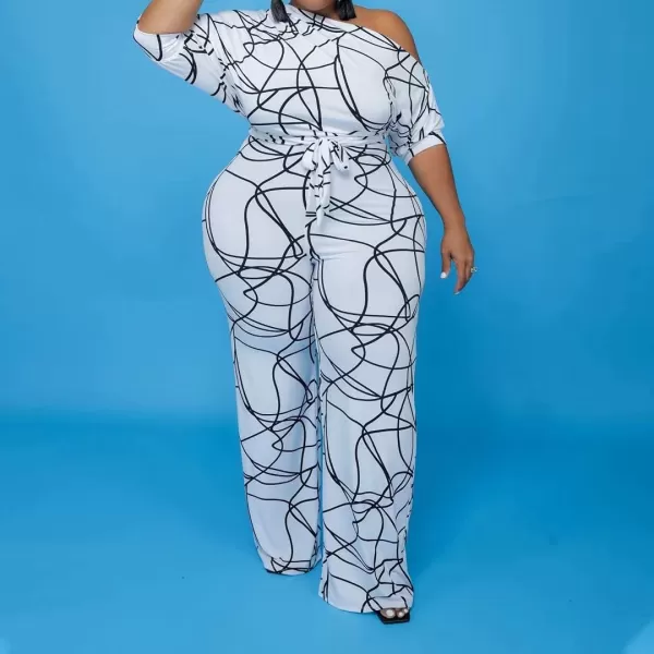 IyMoo Womens Plus Size Wide Leg Slanted One Shoulder Belted Straight Jumpsuits Playsuits322 White