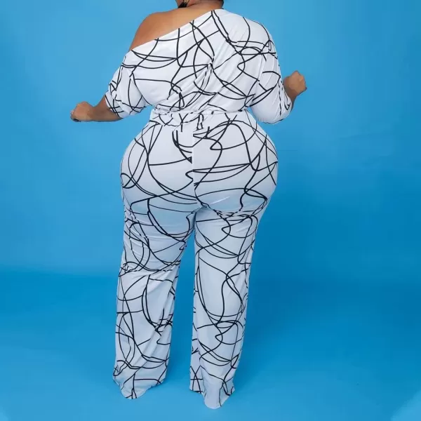 IyMoo Womens Plus Size Wide Leg Slanted One Shoulder Belted Straight Jumpsuits Playsuits322 White