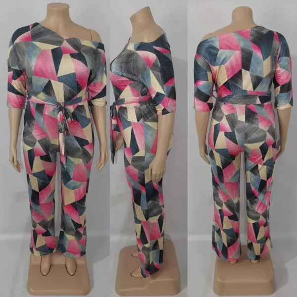 IyMoo Womens Plus Size Wide Leg Slanted One Shoulder Belted Straight Jumpsuits Playsuits859 Pink