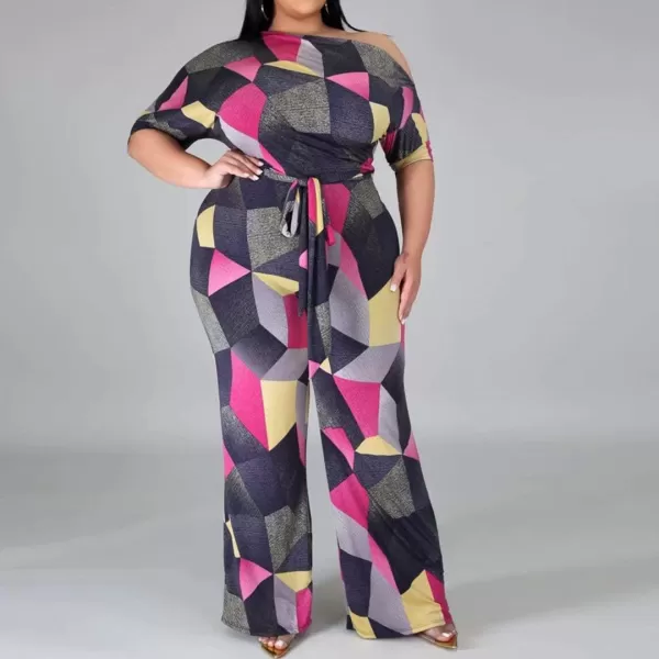 IyMoo Womens Plus Size Wide Leg Slanted One Shoulder Belted Straight Jumpsuits Playsuits859 Pink