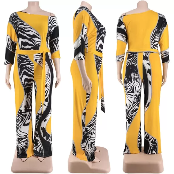 IyMoo Womens Plus Size Wide Leg Slanted One Shoulder Belted Straight Jumpsuits Playsuits870 Yellow