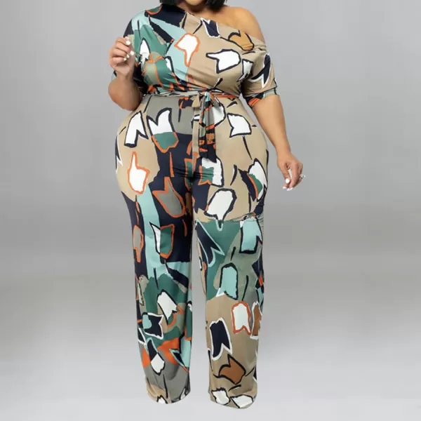 IyMoo Womens Plus Size Wide Leg Slanted One Shoulder Belted Straight Jumpsuits Playsuits902 Apricot Stripe