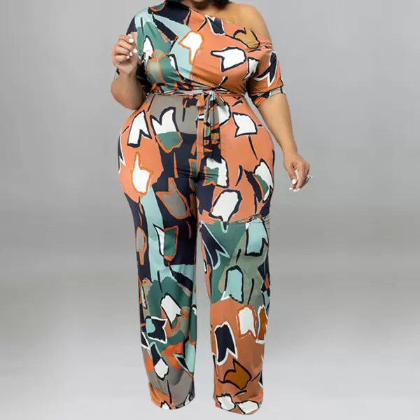 IyMoo Womens Plus Size Wide Leg Slanted One Shoulder Belted Straight Jumpsuits Playsuits902 Orange