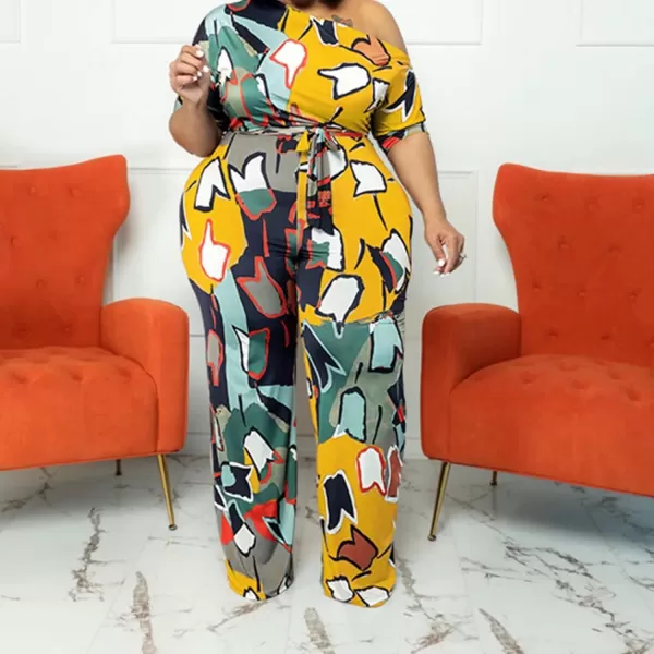 IyMoo Womens Plus Size Wide Leg Slanted One Shoulder Belted Straight Jumpsuits Playsuits902 Yellow