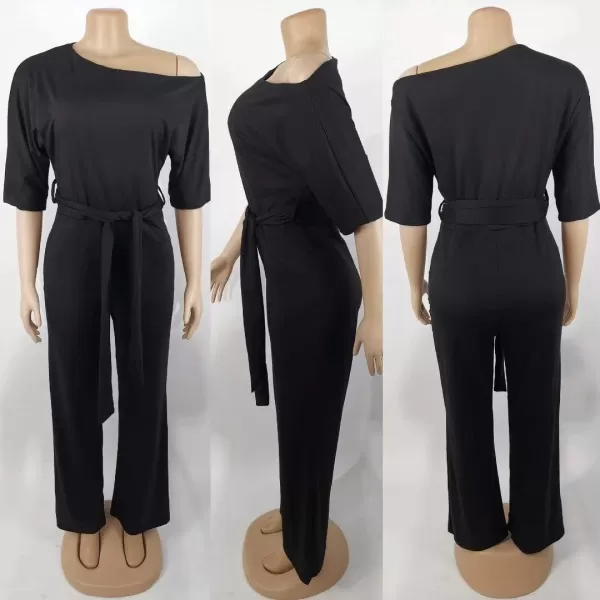 IyMoo Womens Plus Size Wide Leg Slanted One Shoulder Belted Straight Jumpsuits PlaysuitsBlack