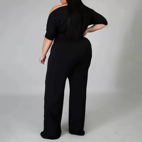 IyMoo Womens Plus Size Wide Leg Slanted One Shoulder Belted Straight Jumpsuits PlaysuitsBlack