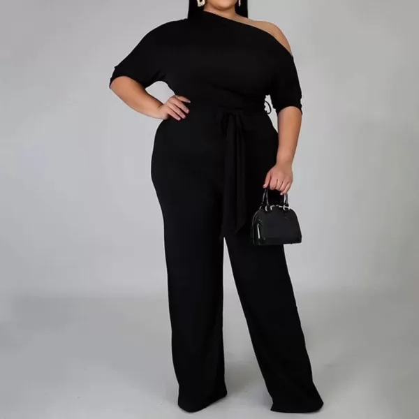IyMoo Womens Plus Size Wide Leg Slanted One Shoulder Belted Straight Jumpsuits PlaysuitsBlack
