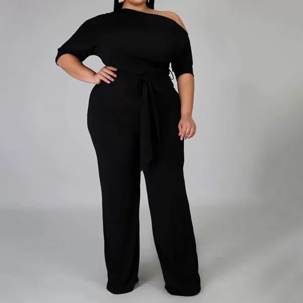 IyMoo Womens Plus Size Wide Leg Slanted One Shoulder Belted Straight Jumpsuits PlaysuitsBlack