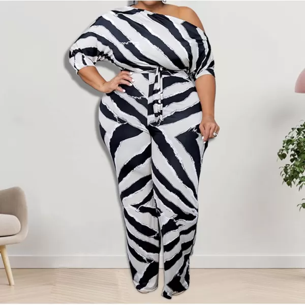 IyMoo Womens Plus Size Wide Leg Slanted One Shoulder Belted Straight Jumpsuits PlaysuitsBlack Stripe