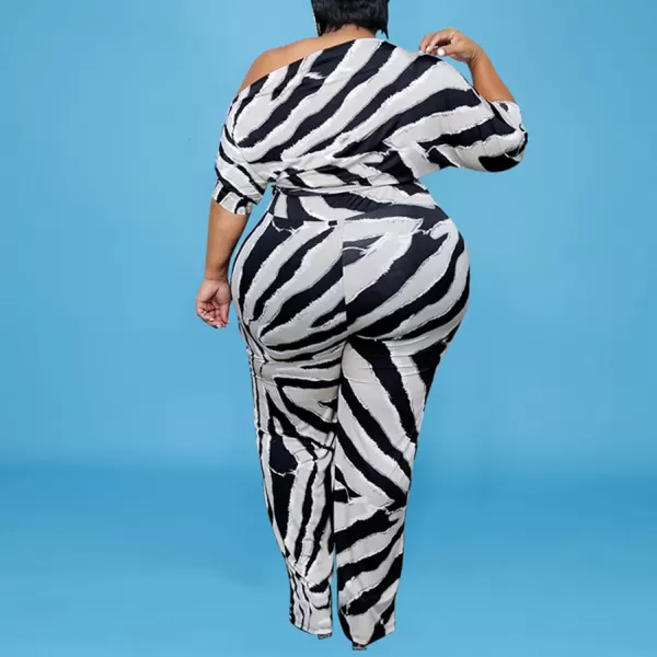 IyMoo Womens Plus Size Wide Leg Slanted One Shoulder Belted Straight Jumpsuits PlaysuitsBlack Stripe