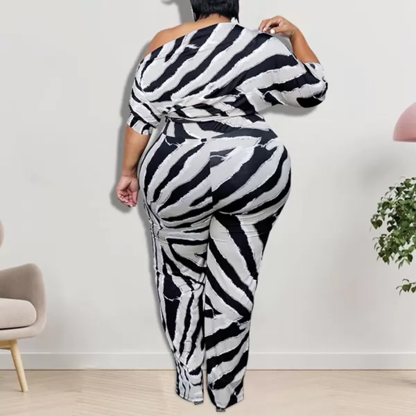 IyMoo Womens Plus Size Wide Leg Slanted One Shoulder Belted Straight Jumpsuits PlaysuitsBlack Stripe