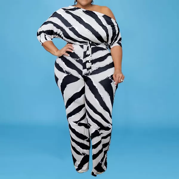 IyMoo Womens Plus Size Wide Leg Slanted One Shoulder Belted Straight Jumpsuits PlaysuitsBlack Stripe