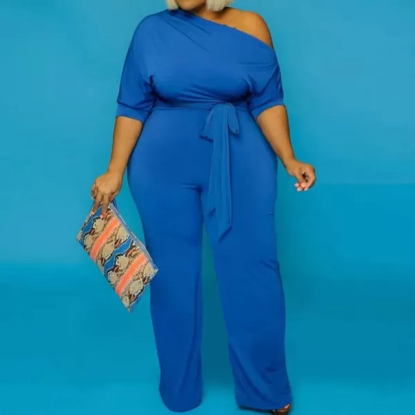IyMoo Womens Plus Size Wide Leg Slanted One Shoulder Belted Straight Jumpsuits PlaysuitsBlue