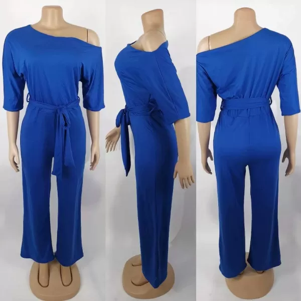 IyMoo Womens Plus Size Wide Leg Slanted One Shoulder Belted Straight Jumpsuits PlaysuitsBlue