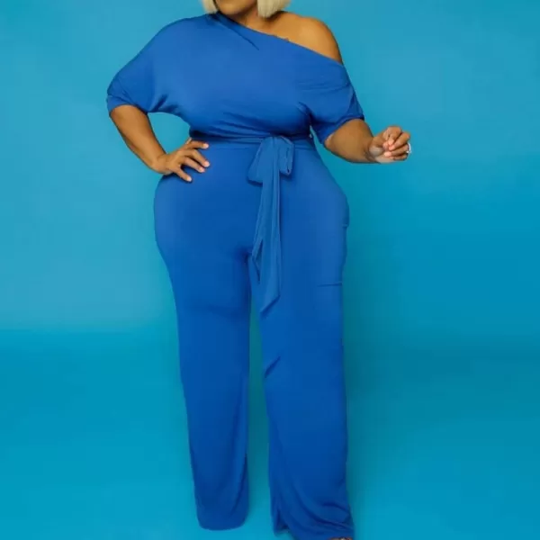 IyMoo Womens Plus Size Wide Leg Slanted One Shoulder Belted Straight Jumpsuits PlaysuitsBlue
