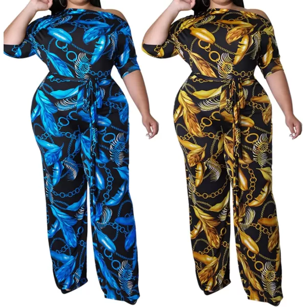 IyMoo Womens Plus Size Wide Leg Slanted One Shoulder Belted Straight Jumpsuits PlaysuitsChian Blue