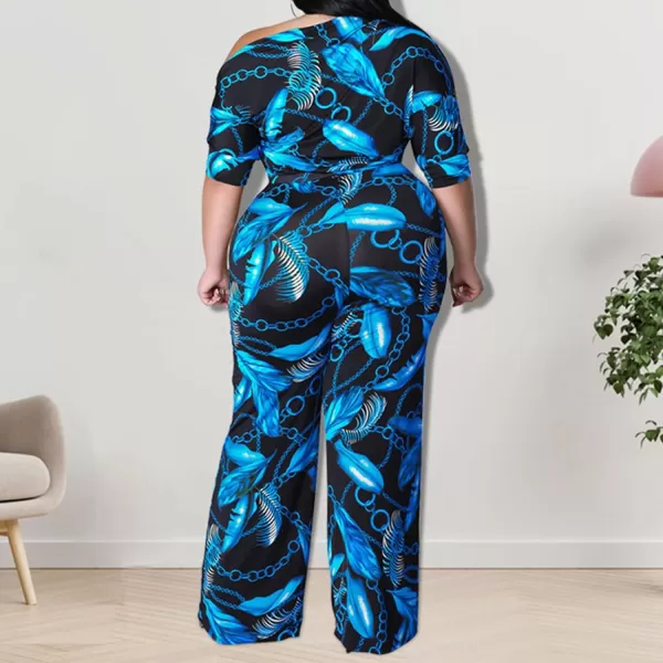 IyMoo Womens Plus Size Wide Leg Slanted One Shoulder Belted Straight Jumpsuits PlaysuitsChian Blue