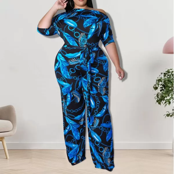 IyMoo Womens Plus Size Wide Leg Slanted One Shoulder Belted Straight Jumpsuits PlaysuitsChian Blue