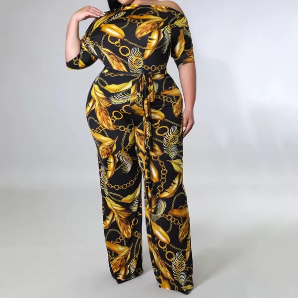 IyMoo Womens Plus Size Wide Leg Slanted One Shoulder Belted Straight Jumpsuits PlaysuitsChian Gold