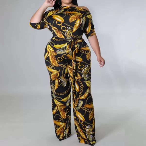 IyMoo Womens Plus Size Wide Leg Slanted One Shoulder Belted Straight Jumpsuits PlaysuitsChian Gold
