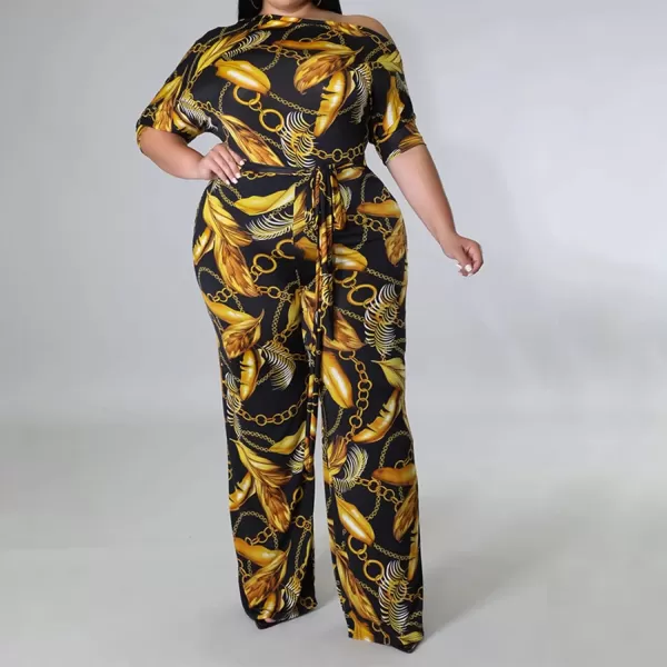 IyMoo Womens Plus Size Wide Leg Slanted One Shoulder Belted Straight Jumpsuits PlaysuitsChian Gold