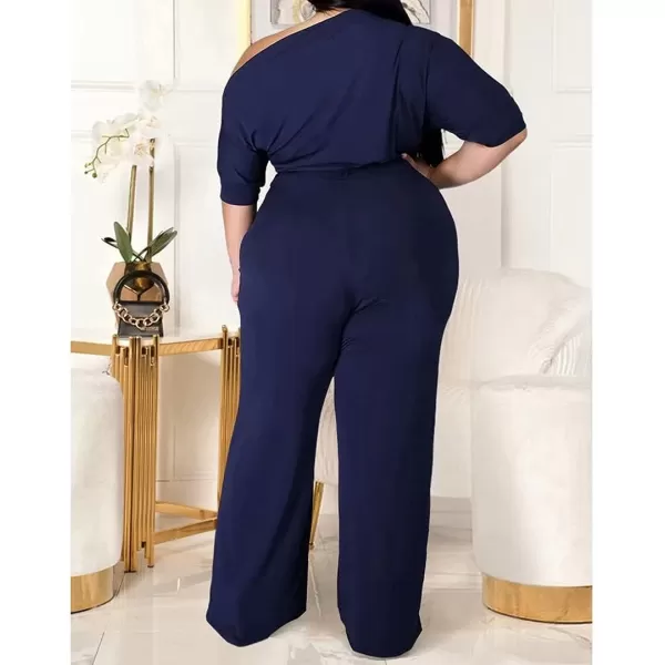 IyMoo Womens Plus Size Wide Leg Slanted One Shoulder Belted Straight Jumpsuits PlaysuitsDark Blue