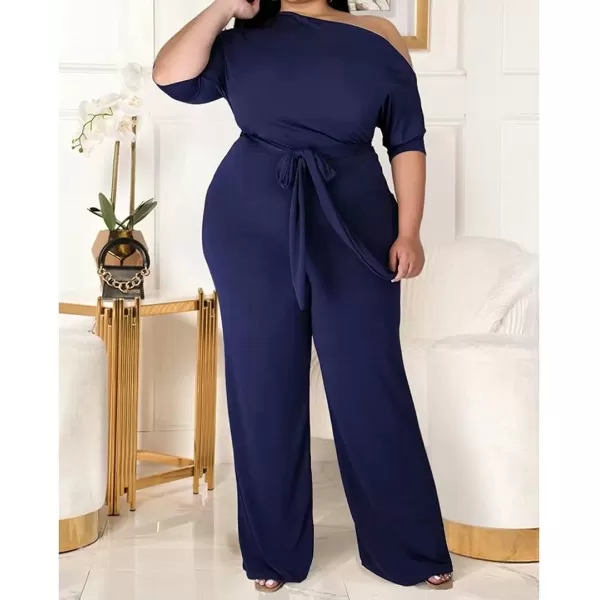 IyMoo Womens Plus Size Wide Leg Slanted One Shoulder Belted Straight Jumpsuits PlaysuitsDark Blue