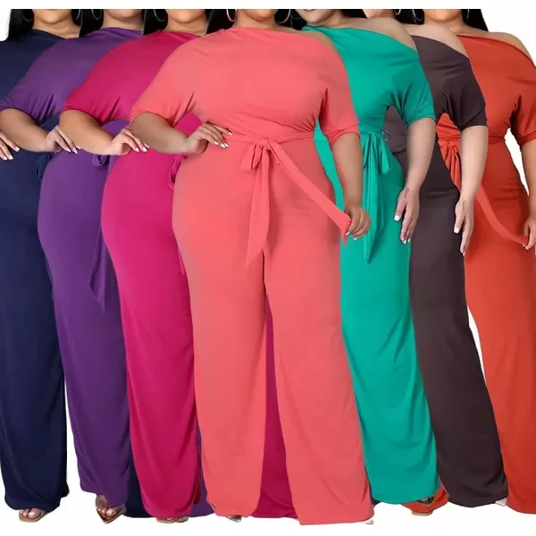 IyMoo Womens Plus Size Wide Leg Slanted One Shoulder Belted Straight Jumpsuits PlaysuitsDark Blue