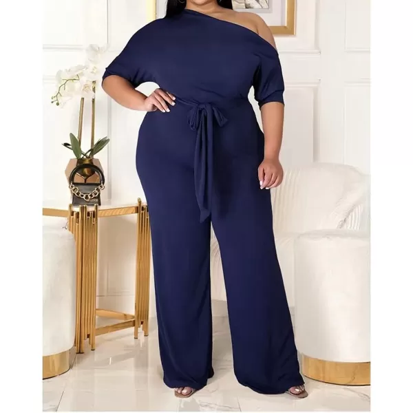 IyMoo Womens Plus Size Wide Leg Slanted One Shoulder Belted Straight Jumpsuits PlaysuitsDark Blue